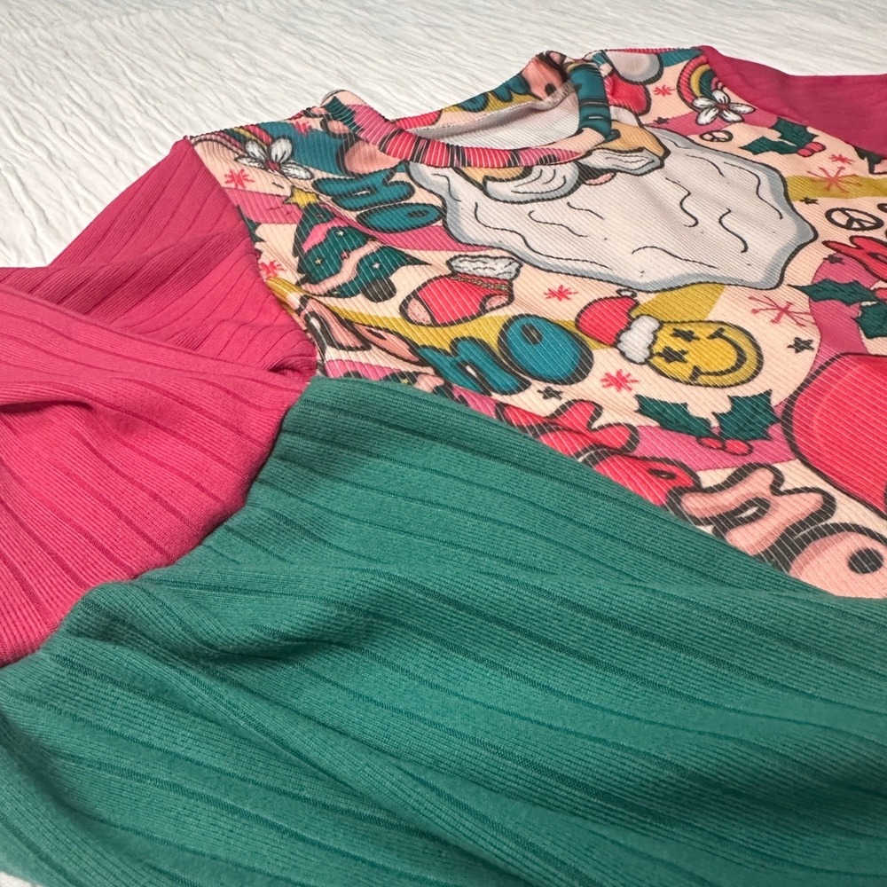 Handmade Groovy Santa Long Sleeved Top Ribbed Pink Green Girls 6/7 - Picture 3 of 8